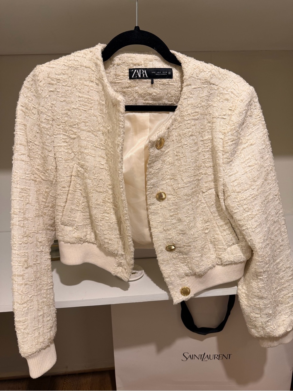 ZARA Cream Textured Bomber Jacket with Gold Buttons
